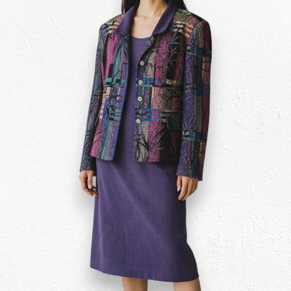 Vintage 90s Purple Jacquard Dress Set Jacket Career Party Two Piece Set Size 12 - Picture 3 of 16
